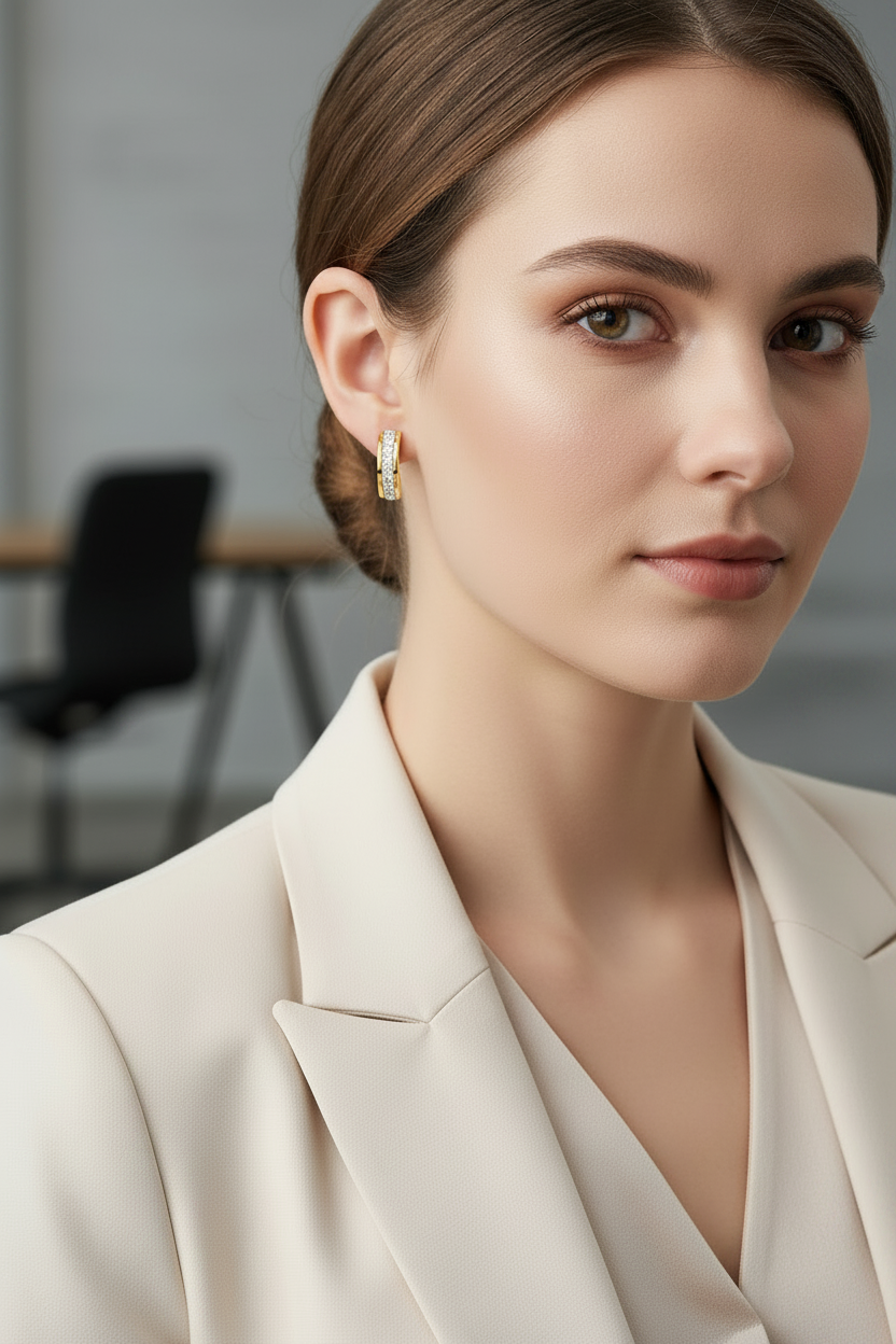 Woman wearing gold earrings with a blurred indoor background