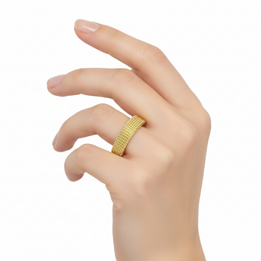 Gold Woven Mesh Texture Wide Band Ring | 18K Gold Plated