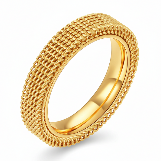 Gold Woven Mesh Texture Wide Band Ring | 18K Gold Plated