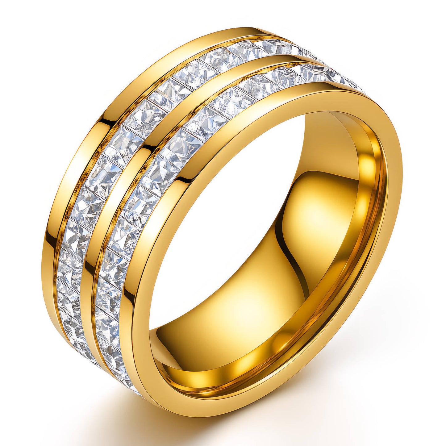 Double Row Princess Cut CZ Channel Set Wide Band Ring 18K Gold Plated