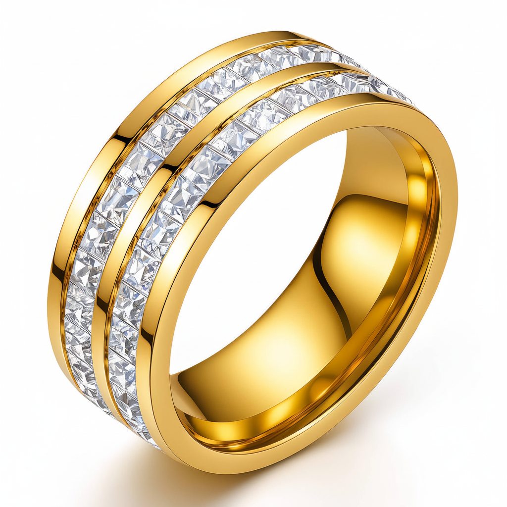 Double Row Princess Cut CZ Channel Set Wide Band Ring 18K Gold Plated