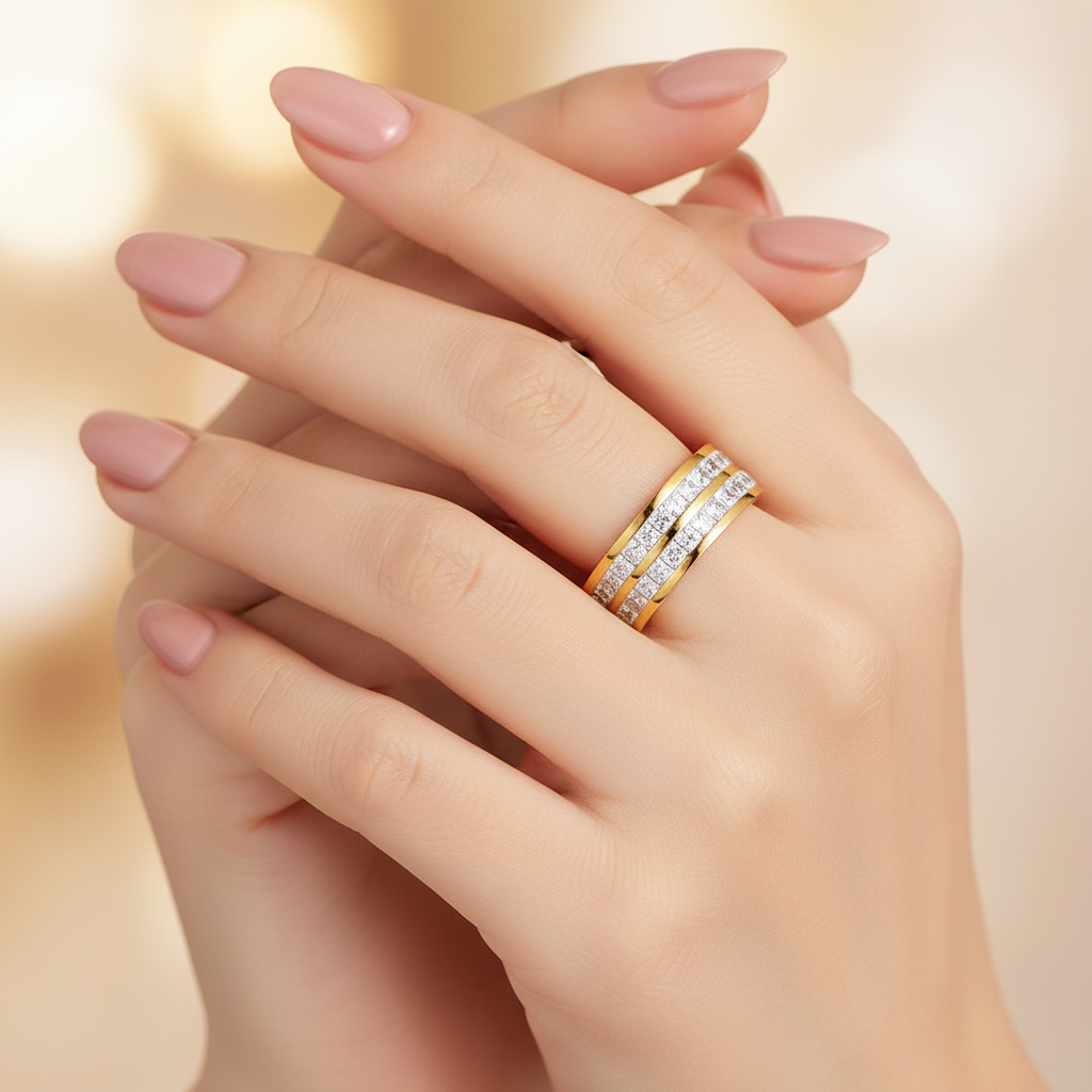 Double Row Princess Cut CZ Channel Set Wide Band Ring 18K Gold Plated