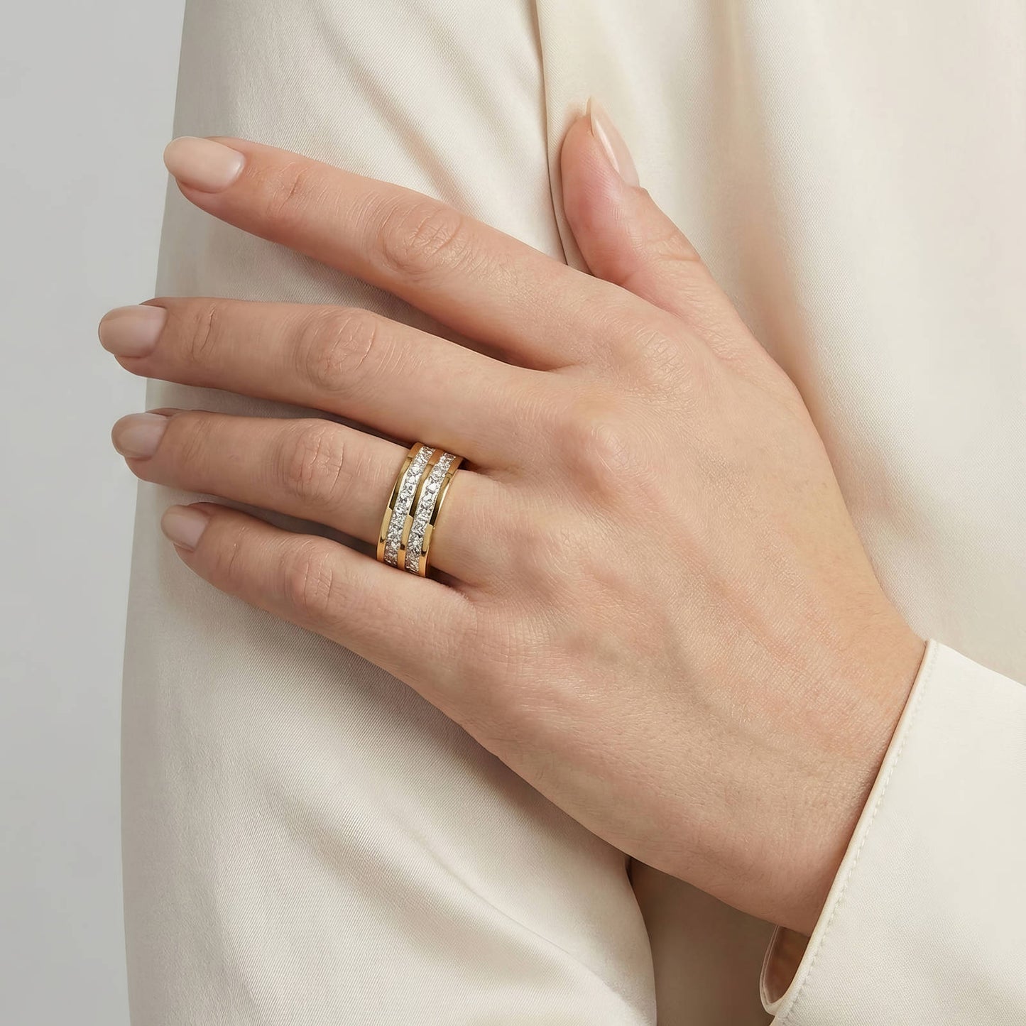 Double Row Princess Cut CZ Channel Set Wide Band Ring 18K Gold Plated