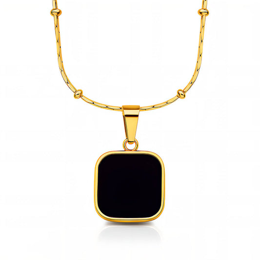 Black Enamel Cushion Square Pendant Necklace 18K Gold Plated