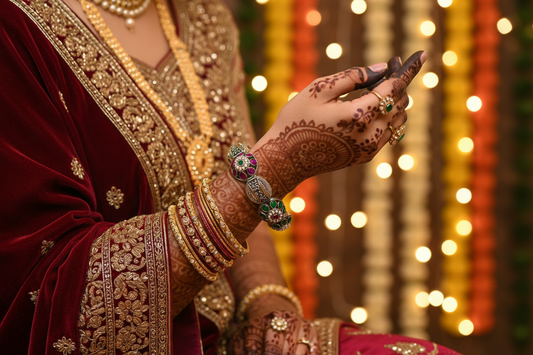 Close-up of a person's hand with  designer bangle and jewelry against a festive background.