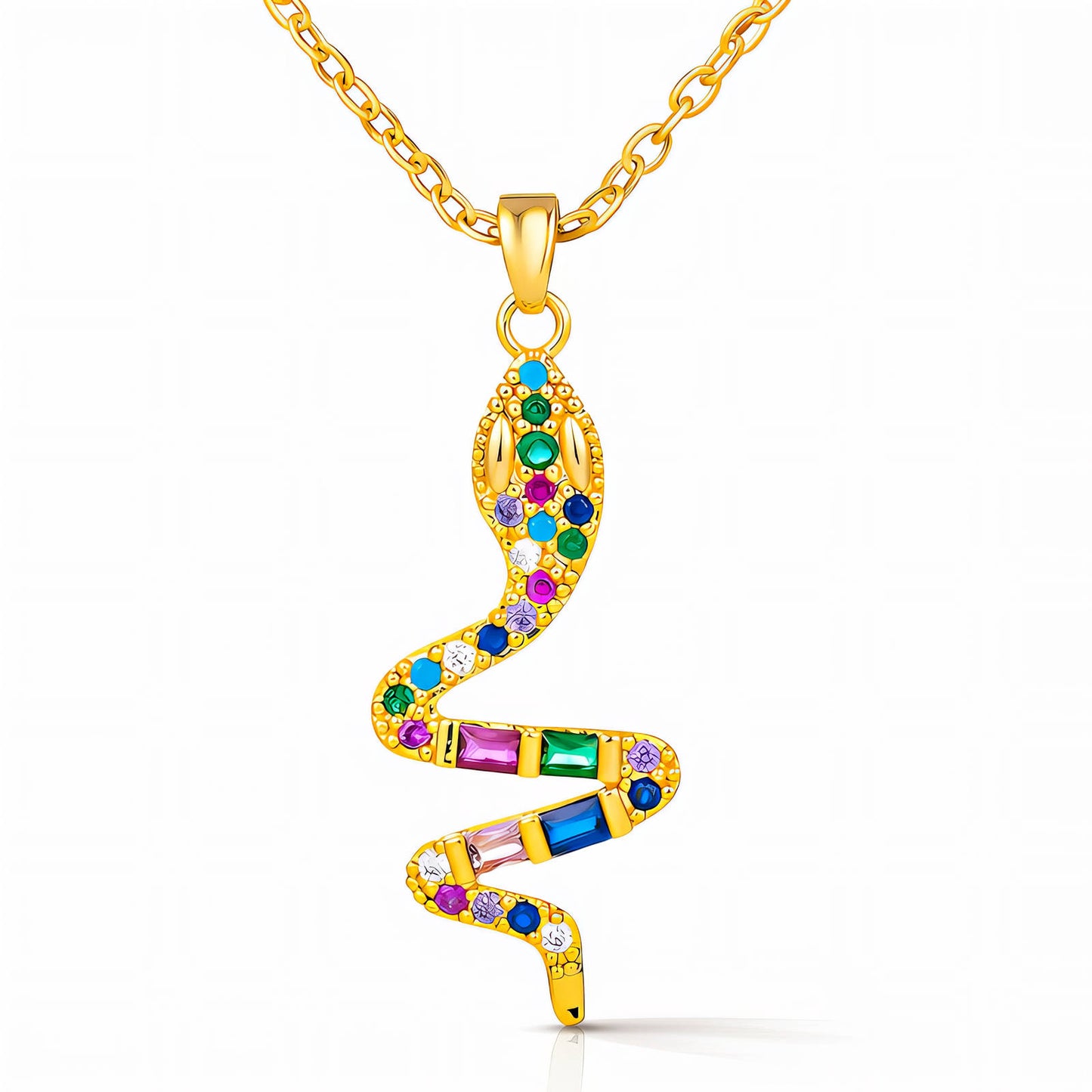 Gold snake-shaped necklace with colorful gemstones on a white background