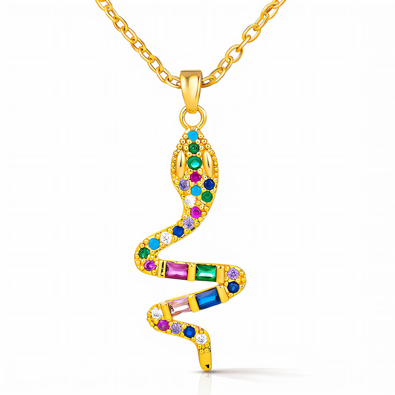 Gold snake-shaped necklace with colorful gemstones on a white background