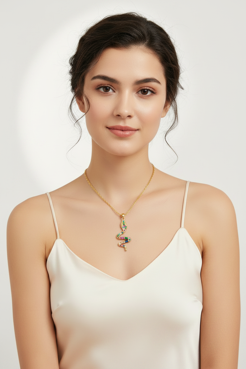 Woman wearing a gold necklace with a pendant on a white background