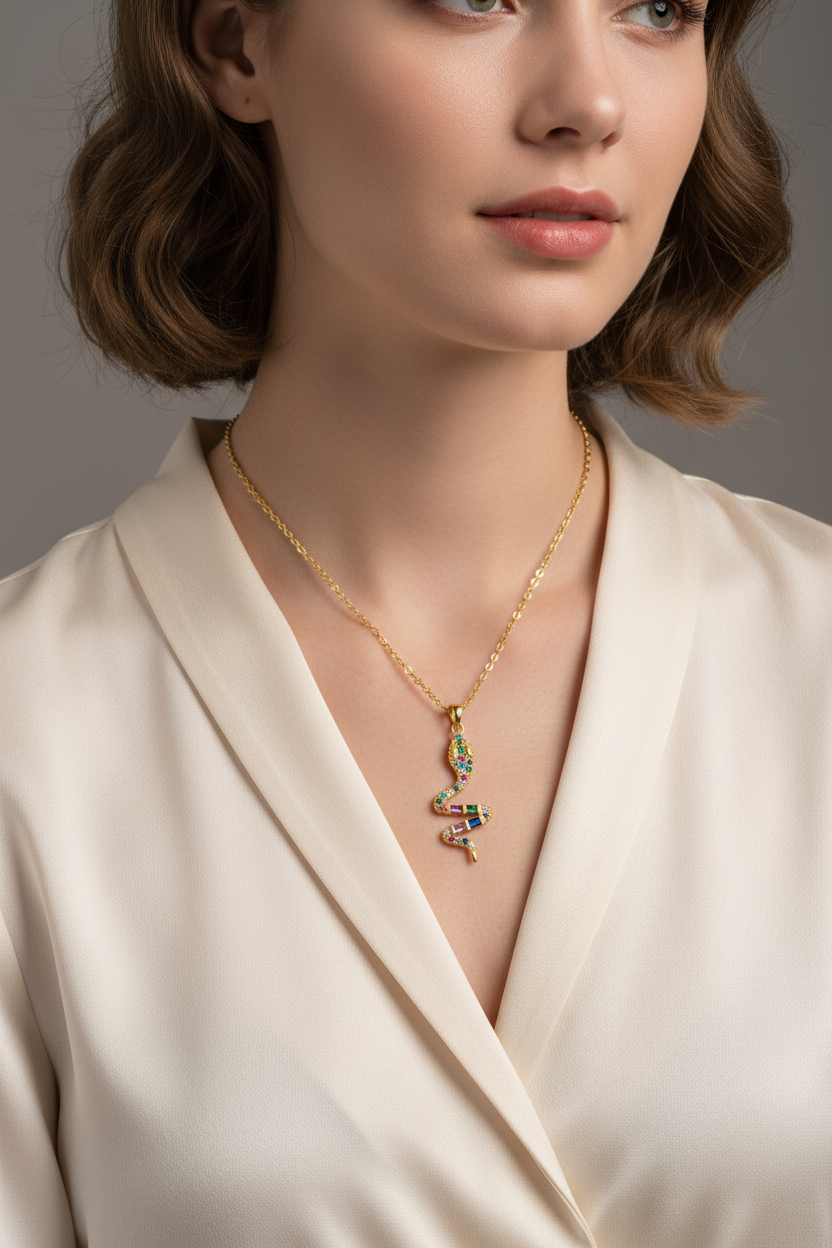 Woman wearing a 18k gold plated necklace with a colorful pendant against a neutral background