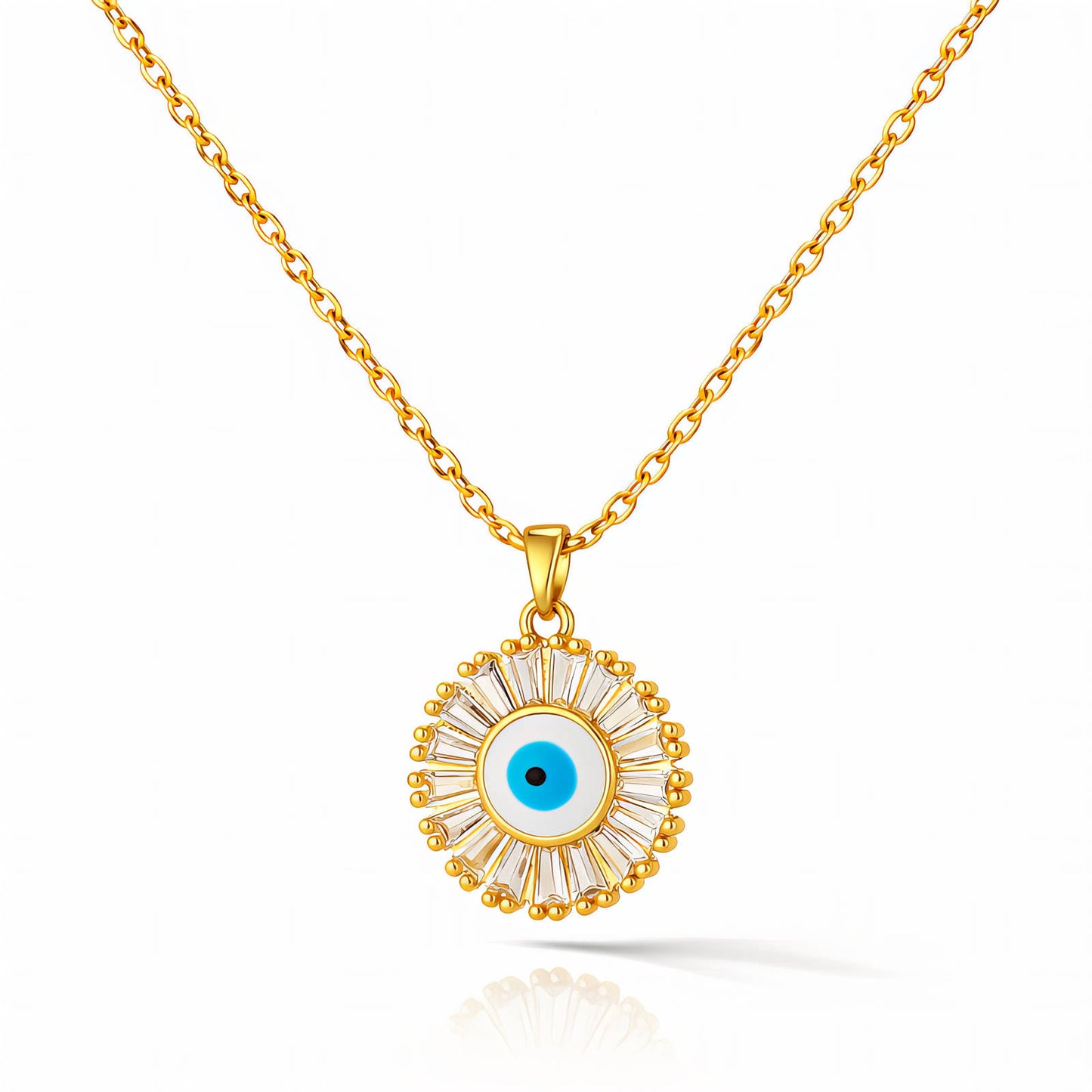Evil Eye Sunburst Baguette CZ Pendant Necklace | 18K Gold Plated