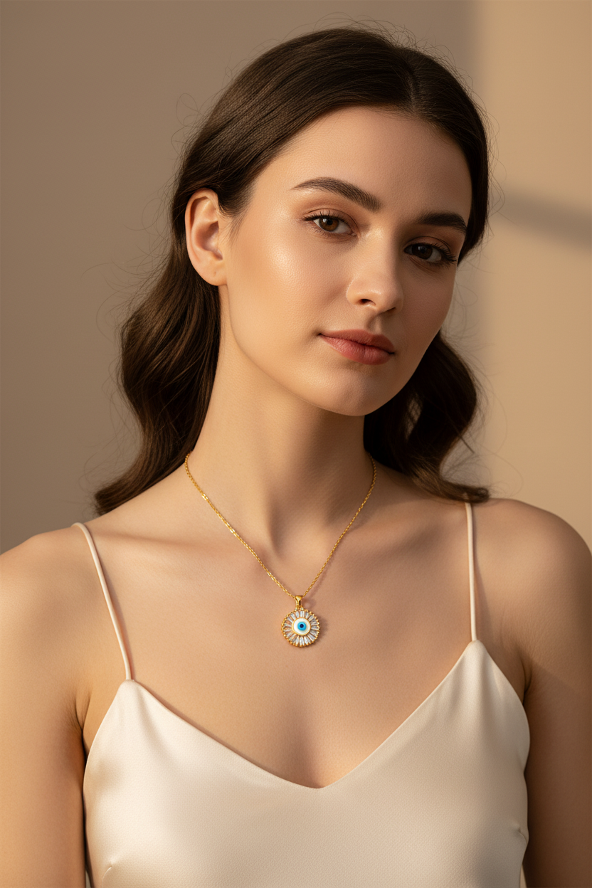 Evil Eye Sunburst Baguette CZ Pendant Necklace | 18K Gold Plated