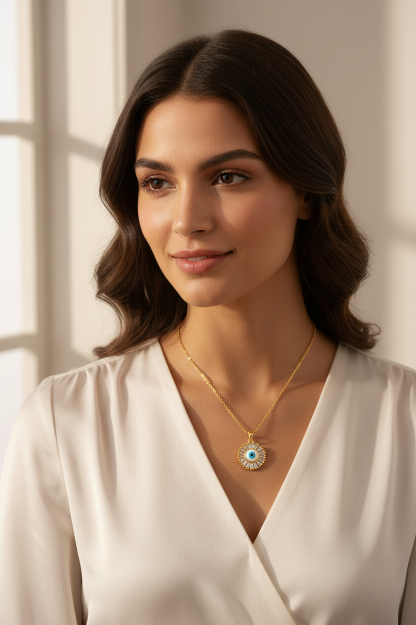 Evil Eye Sunburst Baguette CZ Pendant Necklace | 18K Gold Plated