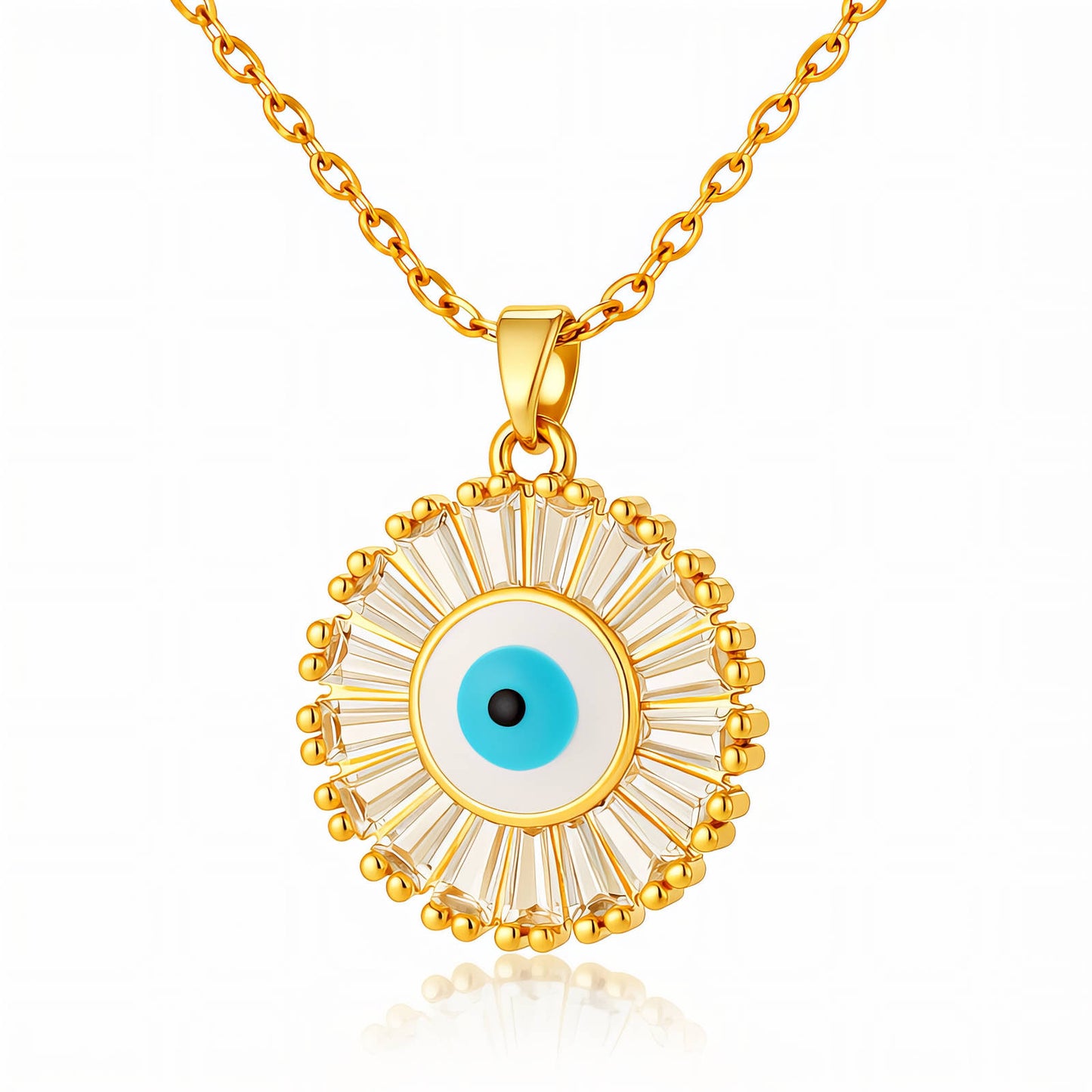 Evil Eye Sunburst Baguette CZ Pendant Necklace | 18K Gold Plated