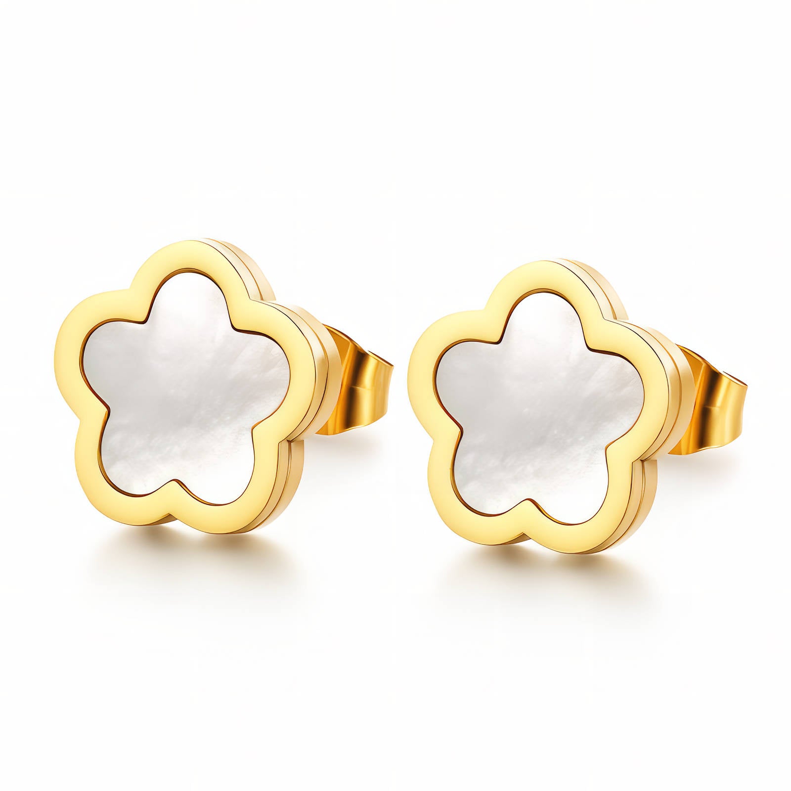 Gold flower-shaped earrings with white centers on a white background