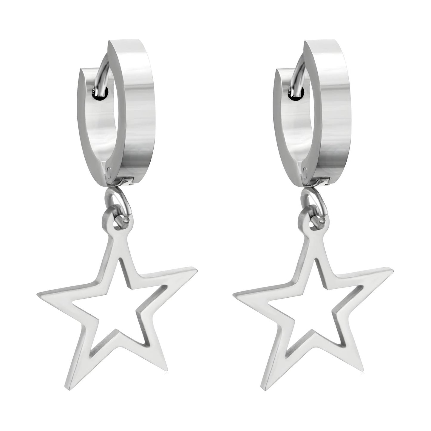 Silver hoop earrings with star-shaped pendants on a white background