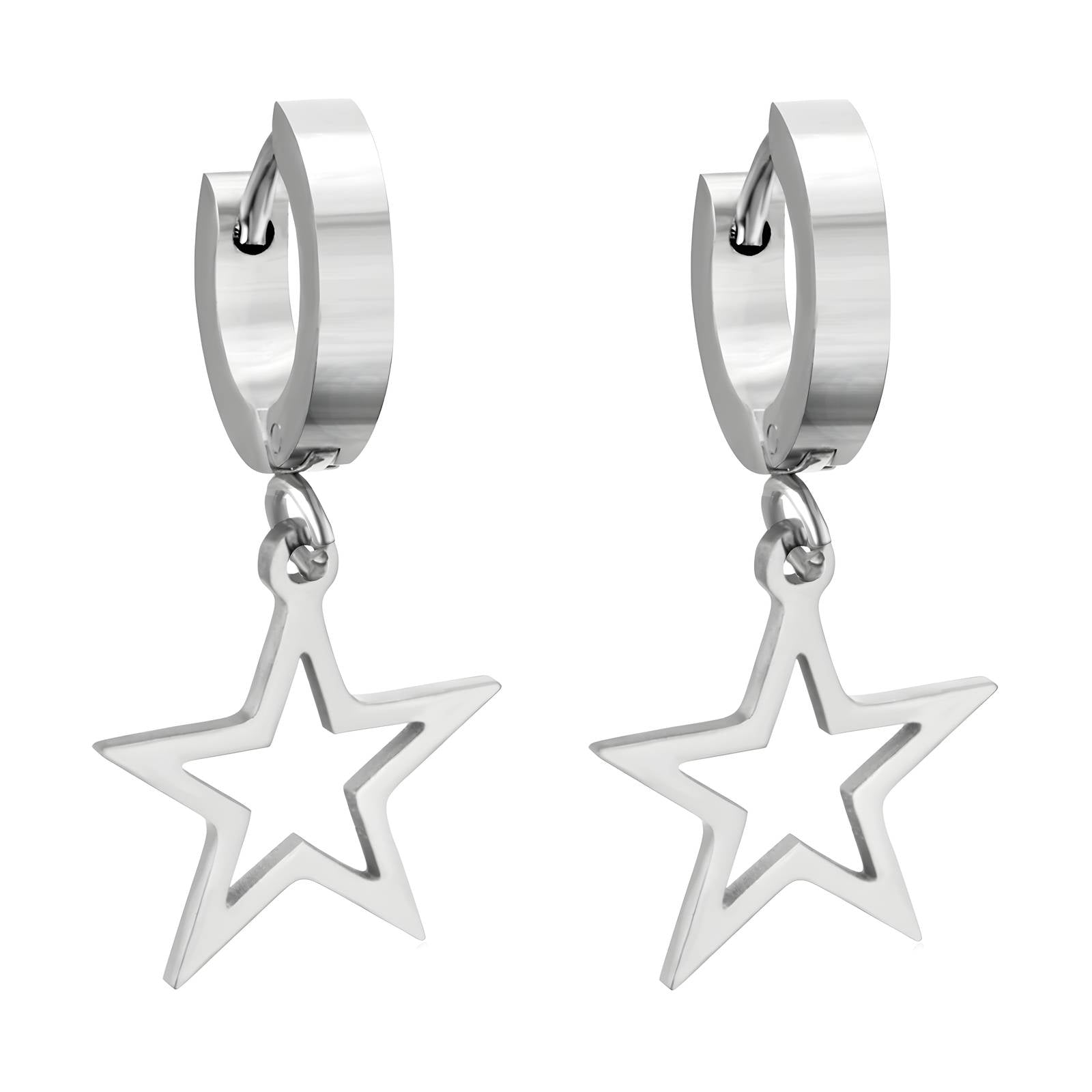 Silver hoop earrings with star-shaped pendants on a white background