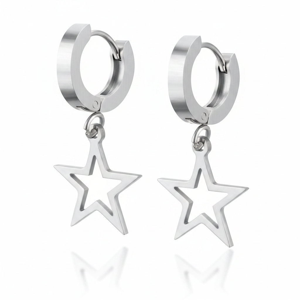 Silver hoop earrings with star-shaped pendants on a white background
