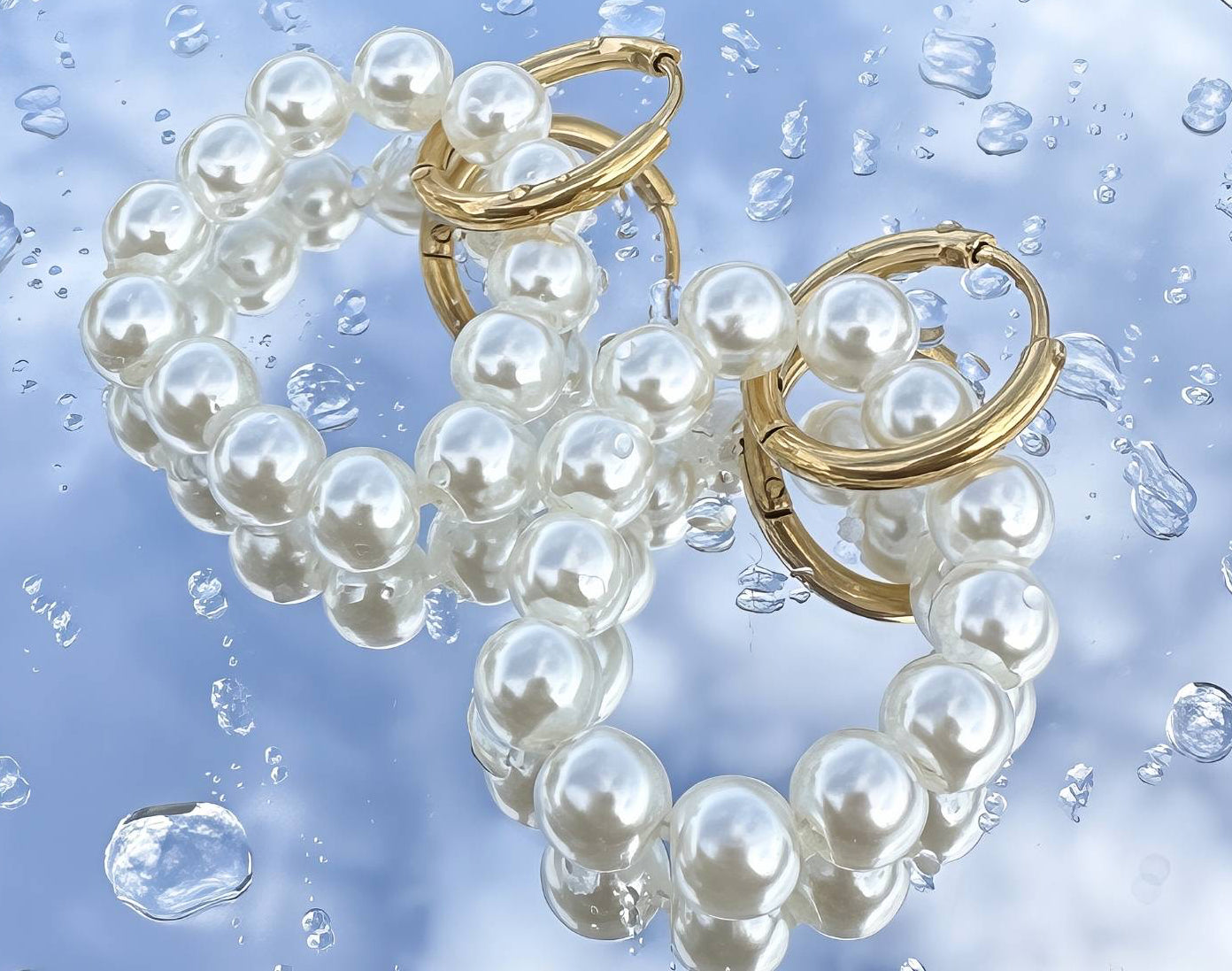 Pearl Beaded Oval Drop Hoop Earrings | 18K Gold Plated