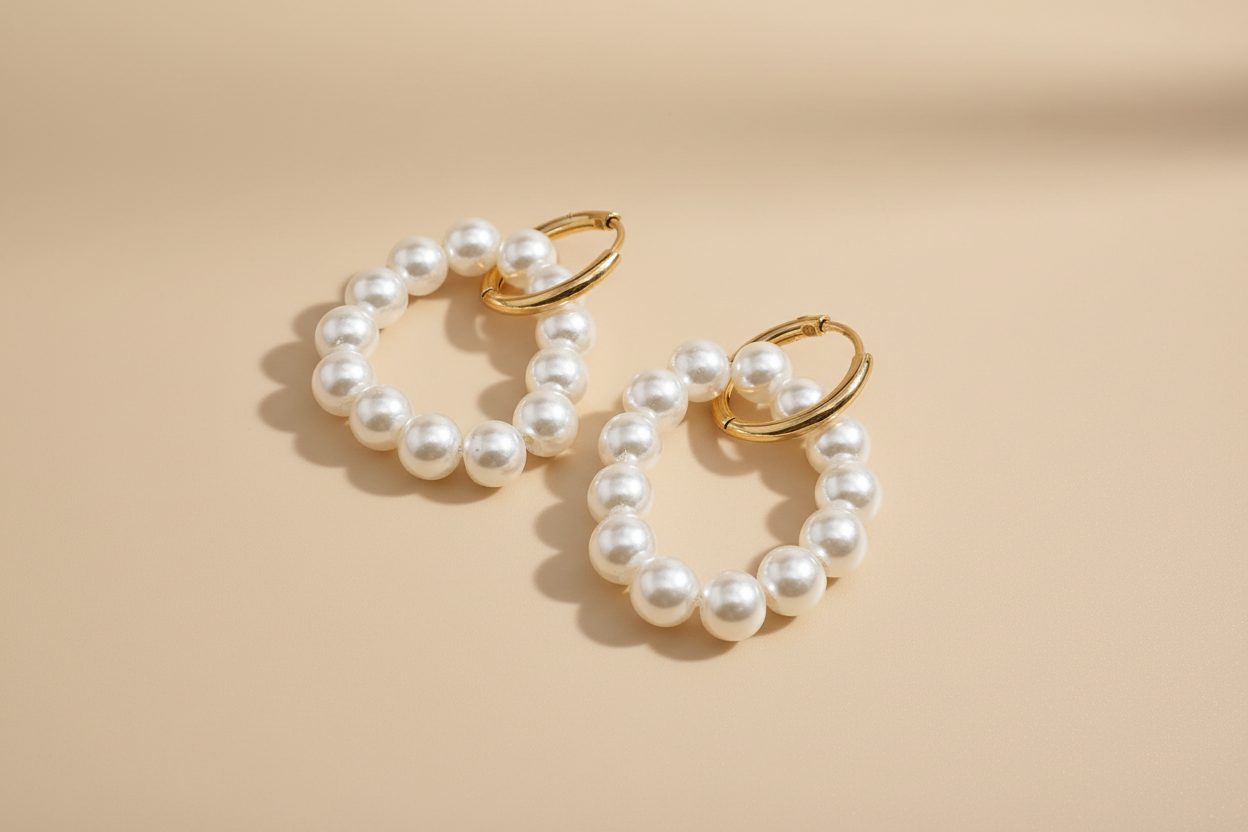 Pearl Beaded Oval Drop Hoop Earrings | 18K Gold Plated