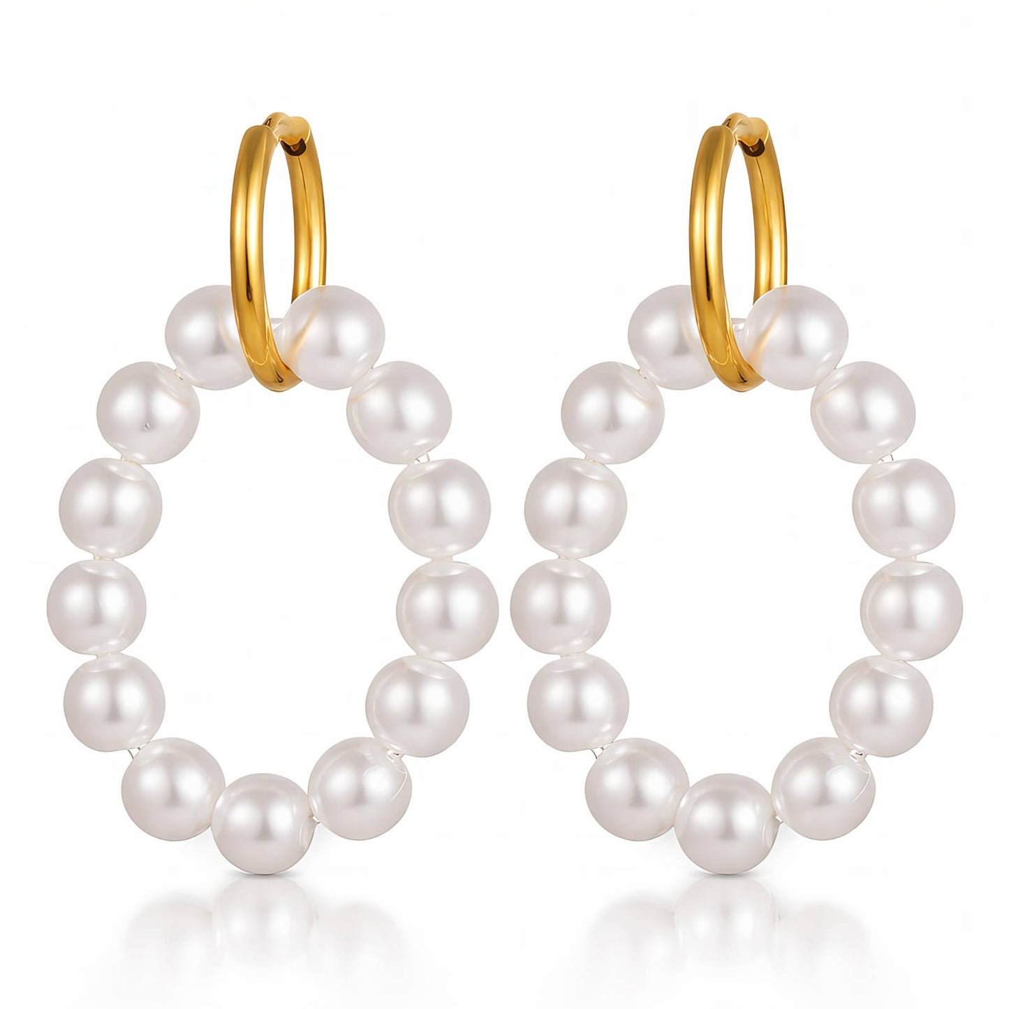 Pearl Beaded Oval Drop Hoop Earrings | 18K Gold Plated