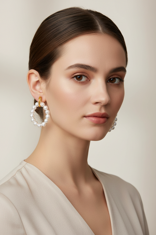 Pearl Beaded Oval Drop Hoop Earrings | 18K Gold Plated
