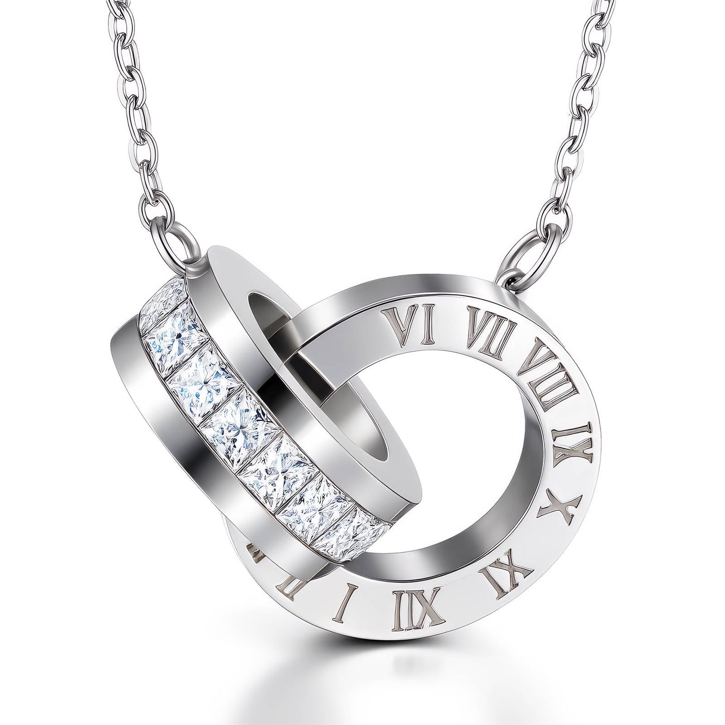 Roman Numeral Interlocking Ring Necklace Silver stainless steel