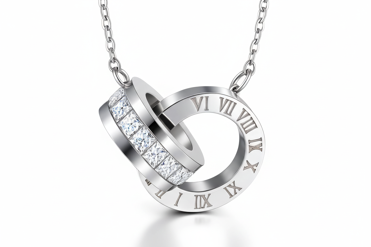 Roman Numeral Interlocking Ring Necklace Silver stainless steel