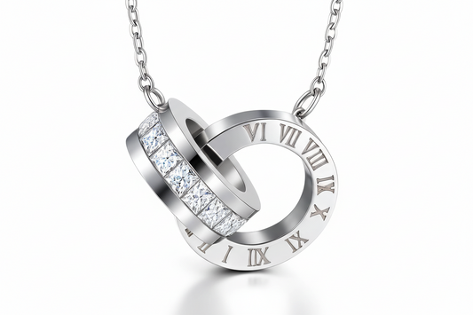 Roman Numeral Interlocking Ring Necklace Silver stainless steel