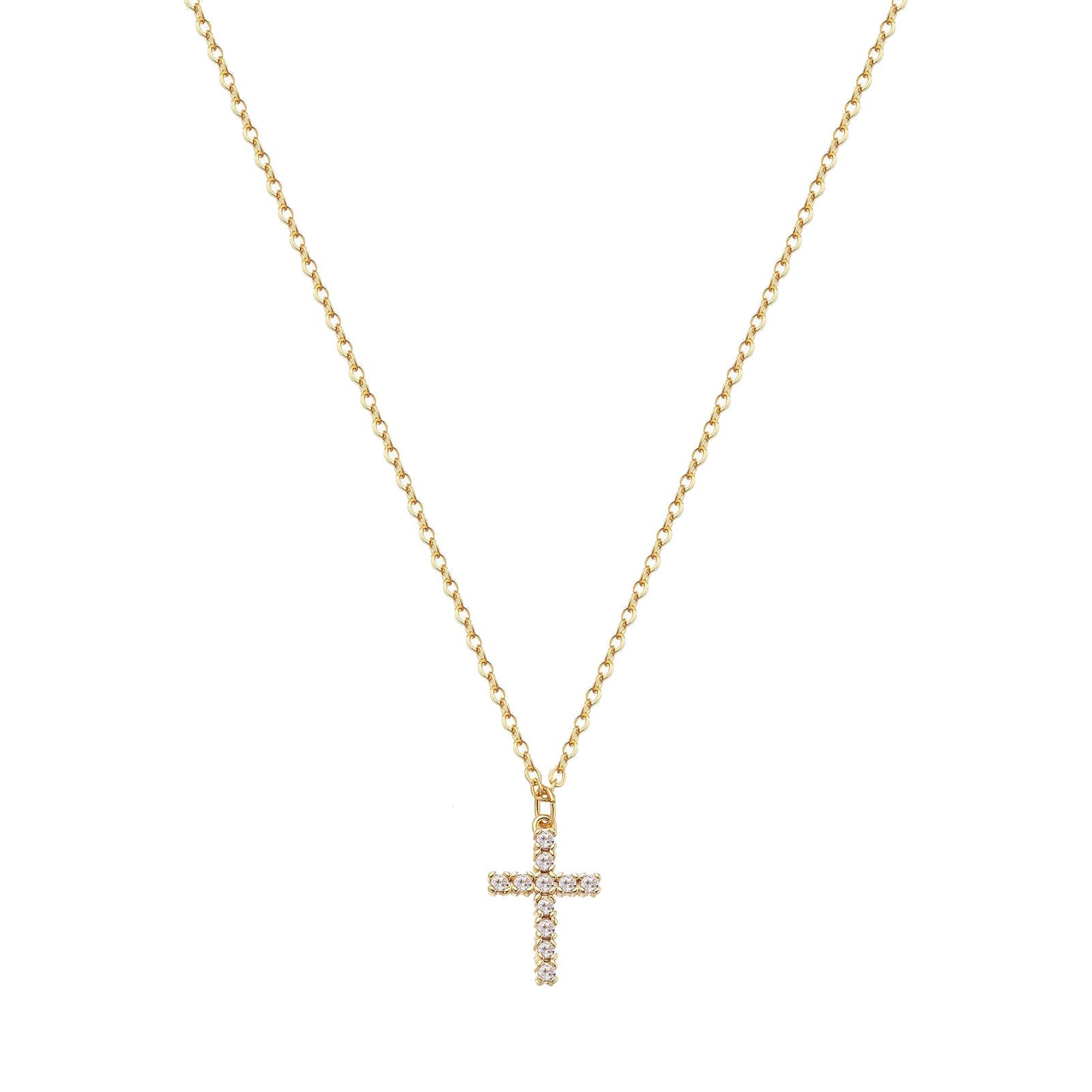 18k Gold plated cross necklace on a white background