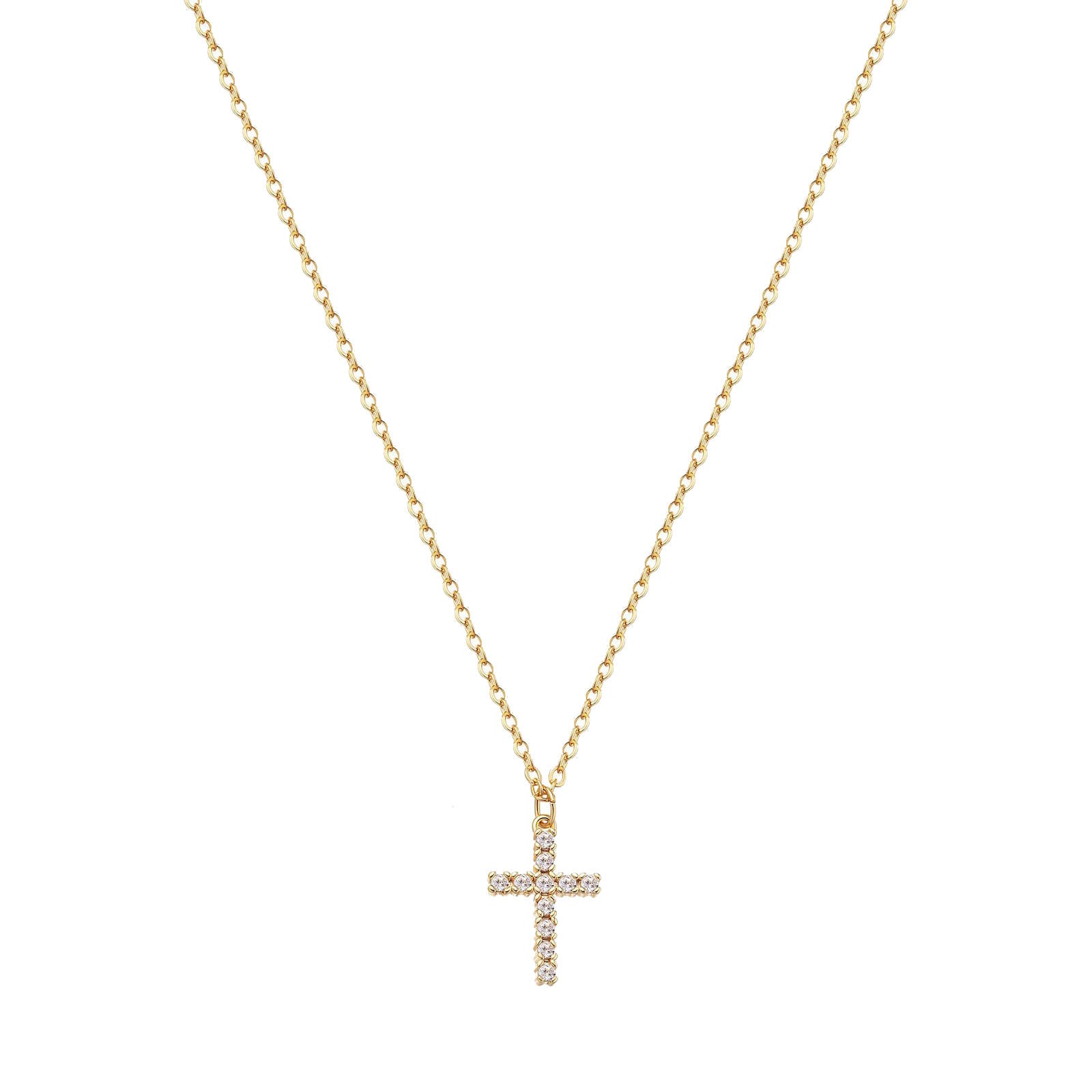 18k Gold plated cross necklace on a white background