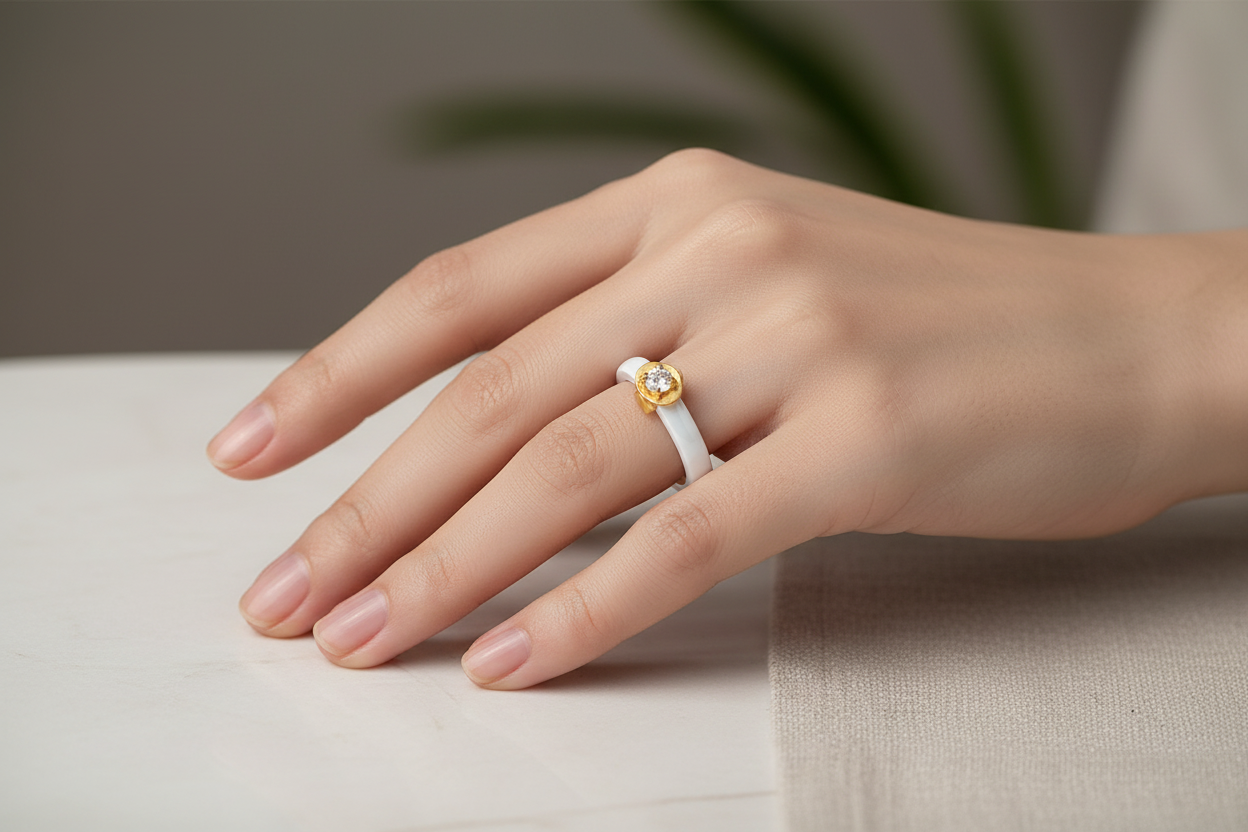 White Ceramic Rose CZ Solitaire Ring | 18K Gold Plated