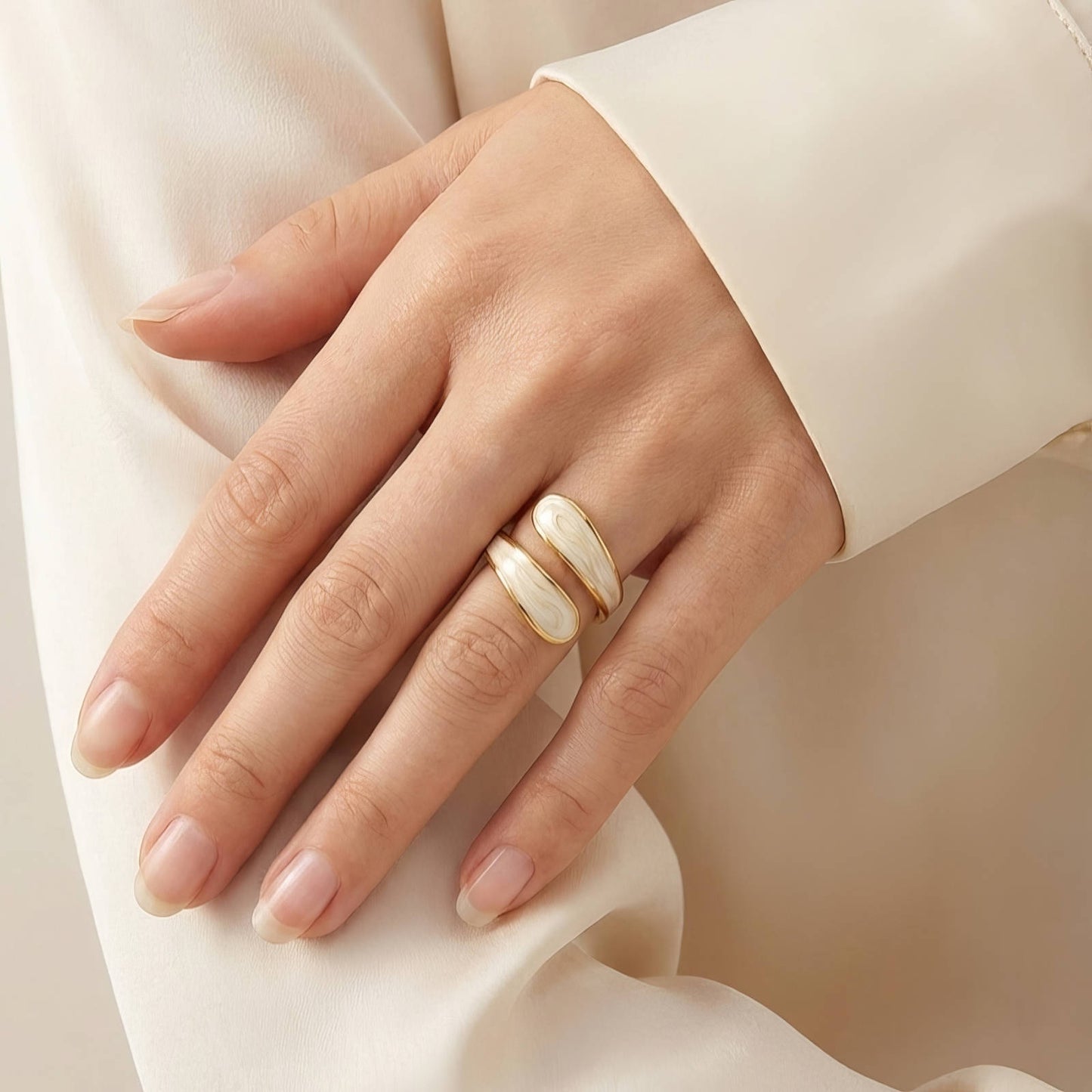Ivory Enamel Bypass Wrap Ring | 18K Gold Plated | Adjustable