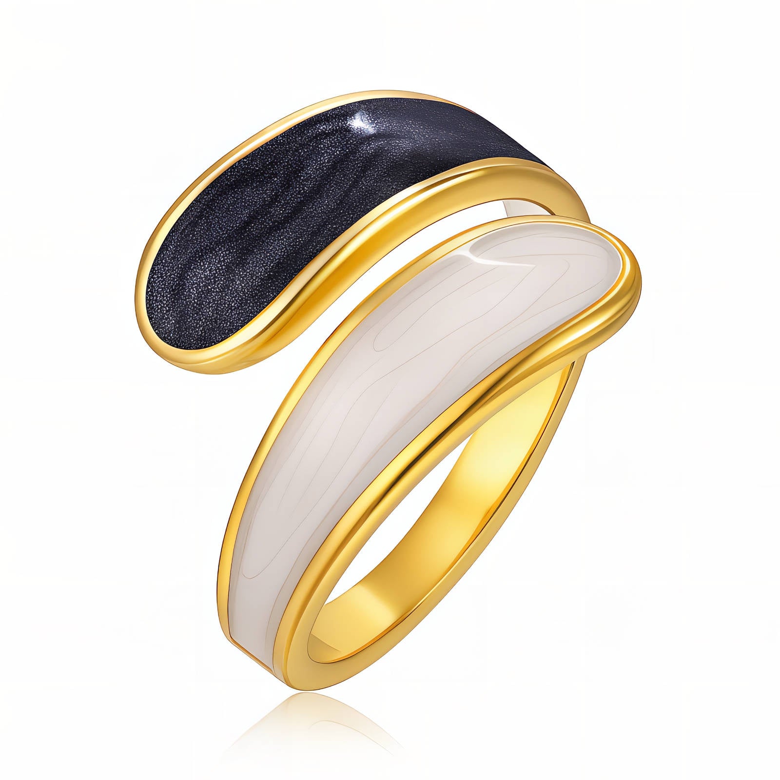 anti tarnish 18k gold plated rings with black and white inlay on a white background