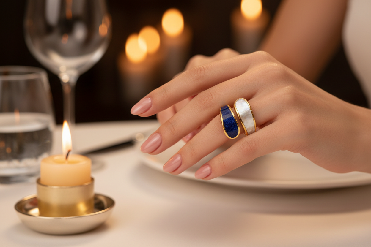 Hand wearing 18k gold plated  ring near a candle and glass of water on a table with blurred candles in the background