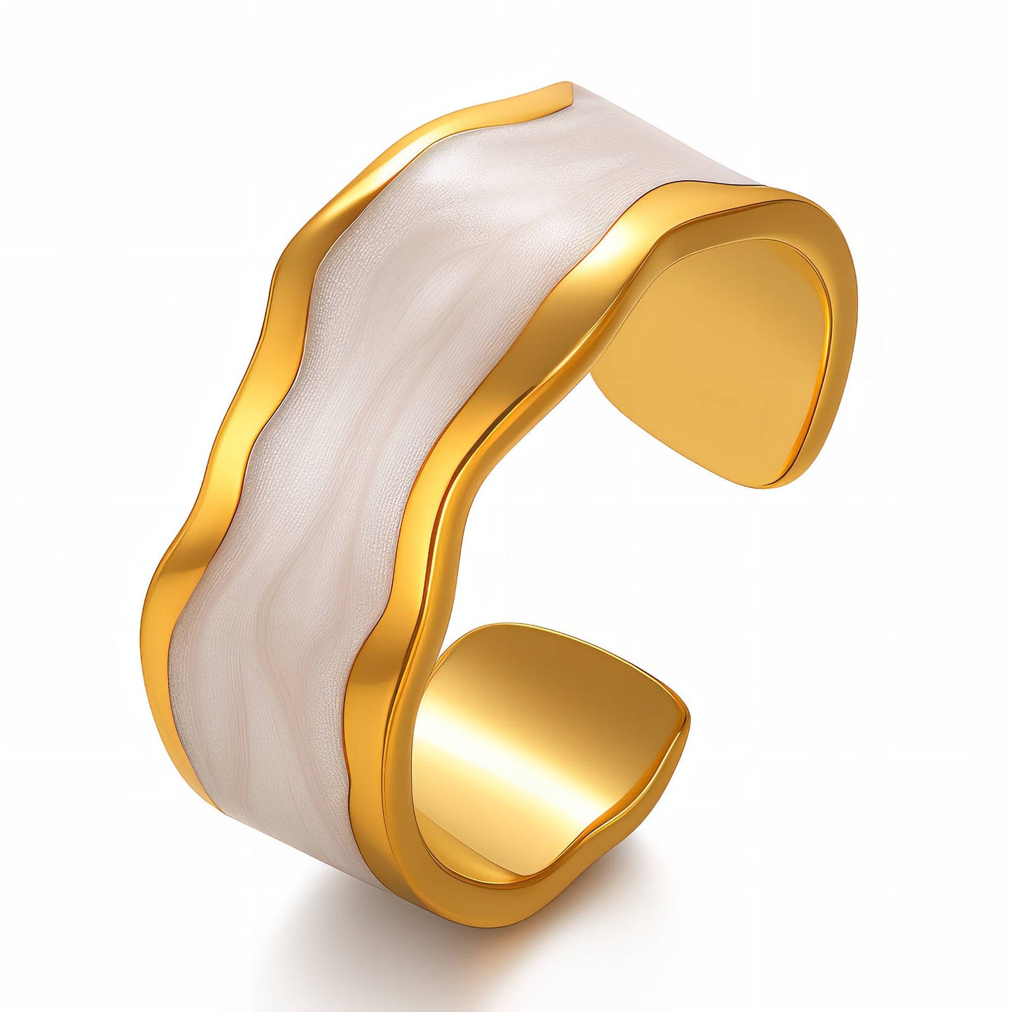 Wide Wave Nacre Inlay Open Cuff Ring | 18K Gold Plated | Adjustable