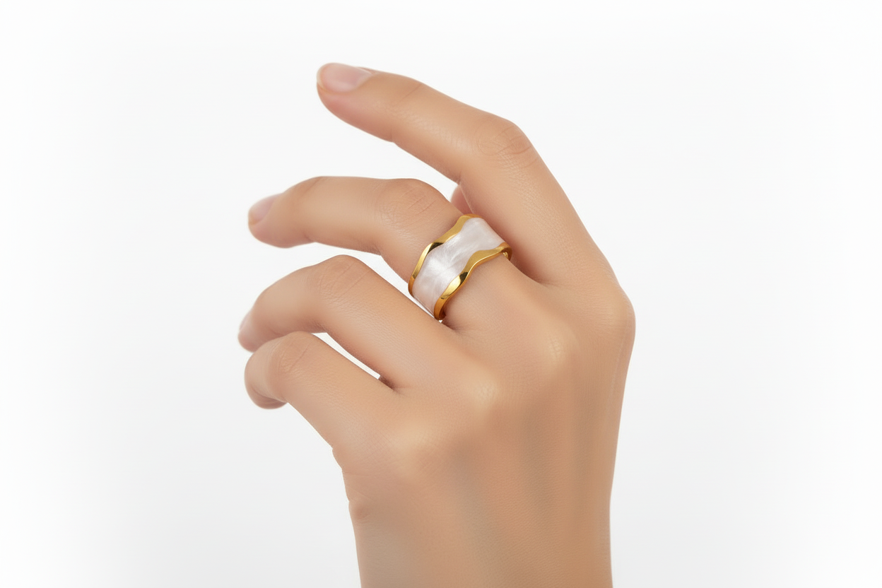 Wide Wave Nacre Inlay Open Cuff Ring | 18K Gold Plated | Adjustable