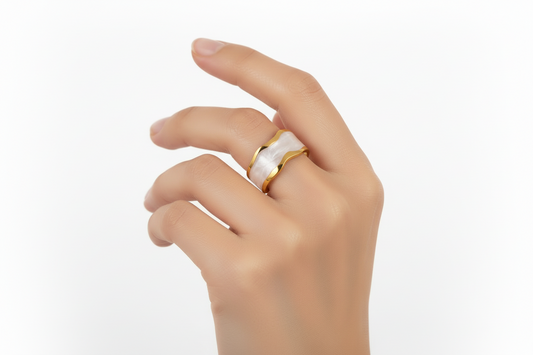 Wide Wave Nacre Inlay Open Cuff Ring | 18K Gold Plated | Adjustable