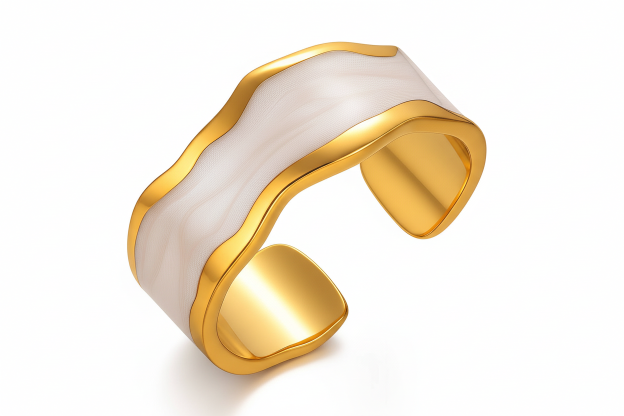 Wide Wave Nacre Inlay Open Cuff Ring | 18K Gold Plated | Adjustable