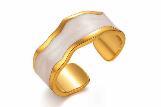Wide Wave Nacre Inlay Open Cuff Ring | 18K Gold Plated | Adjustable