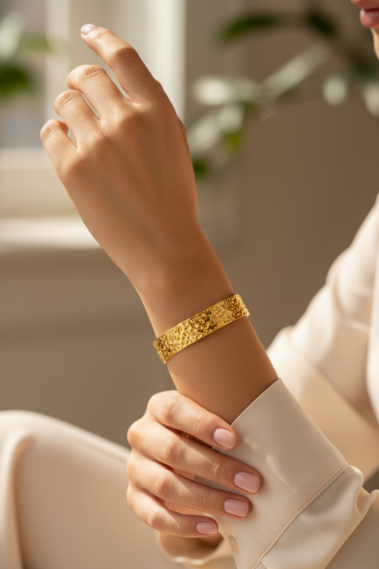 Hammered Texture Open Cuff Bangle 18K Gold Plated