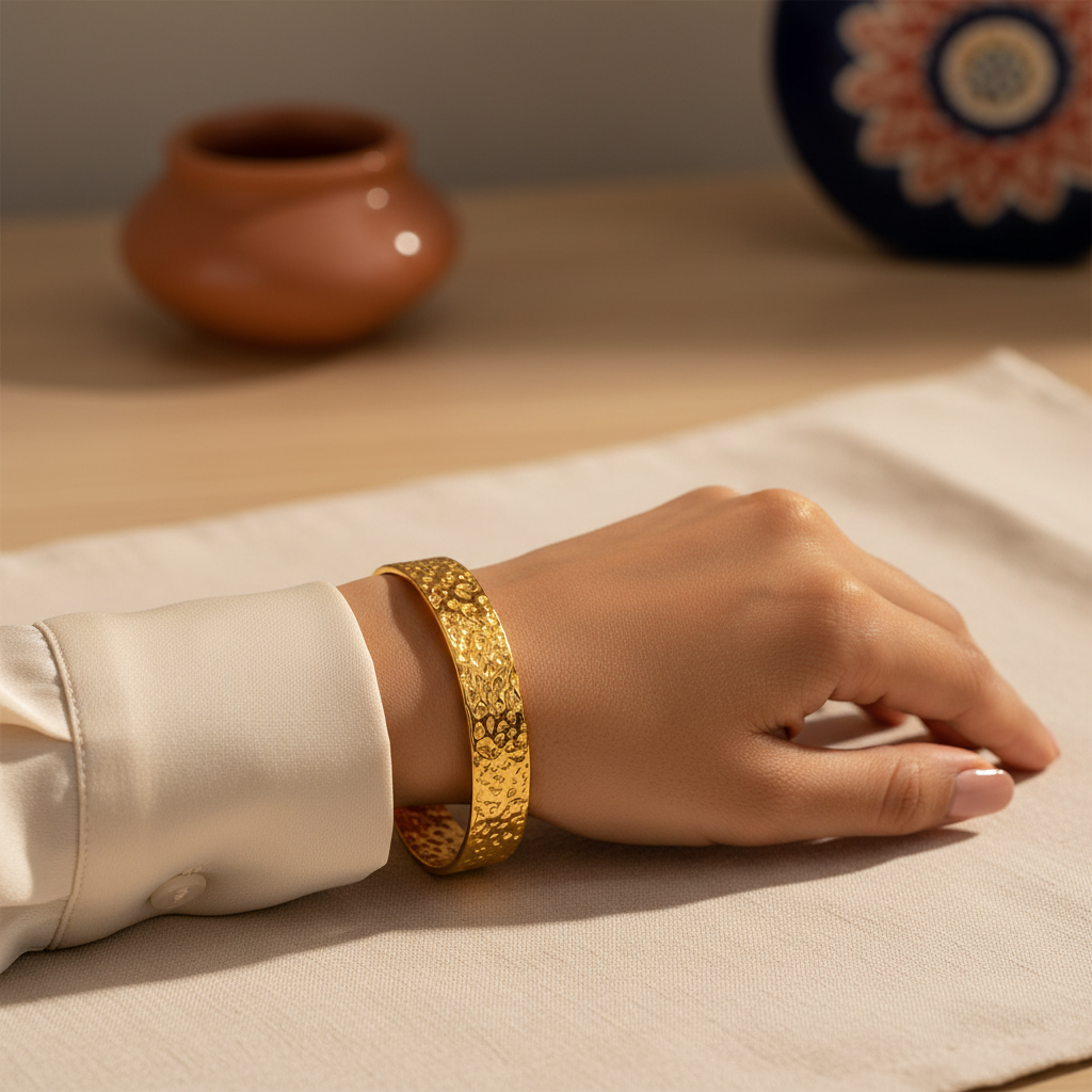 Hammered Texture Open Cuff Bangle 18K Gold Plated
