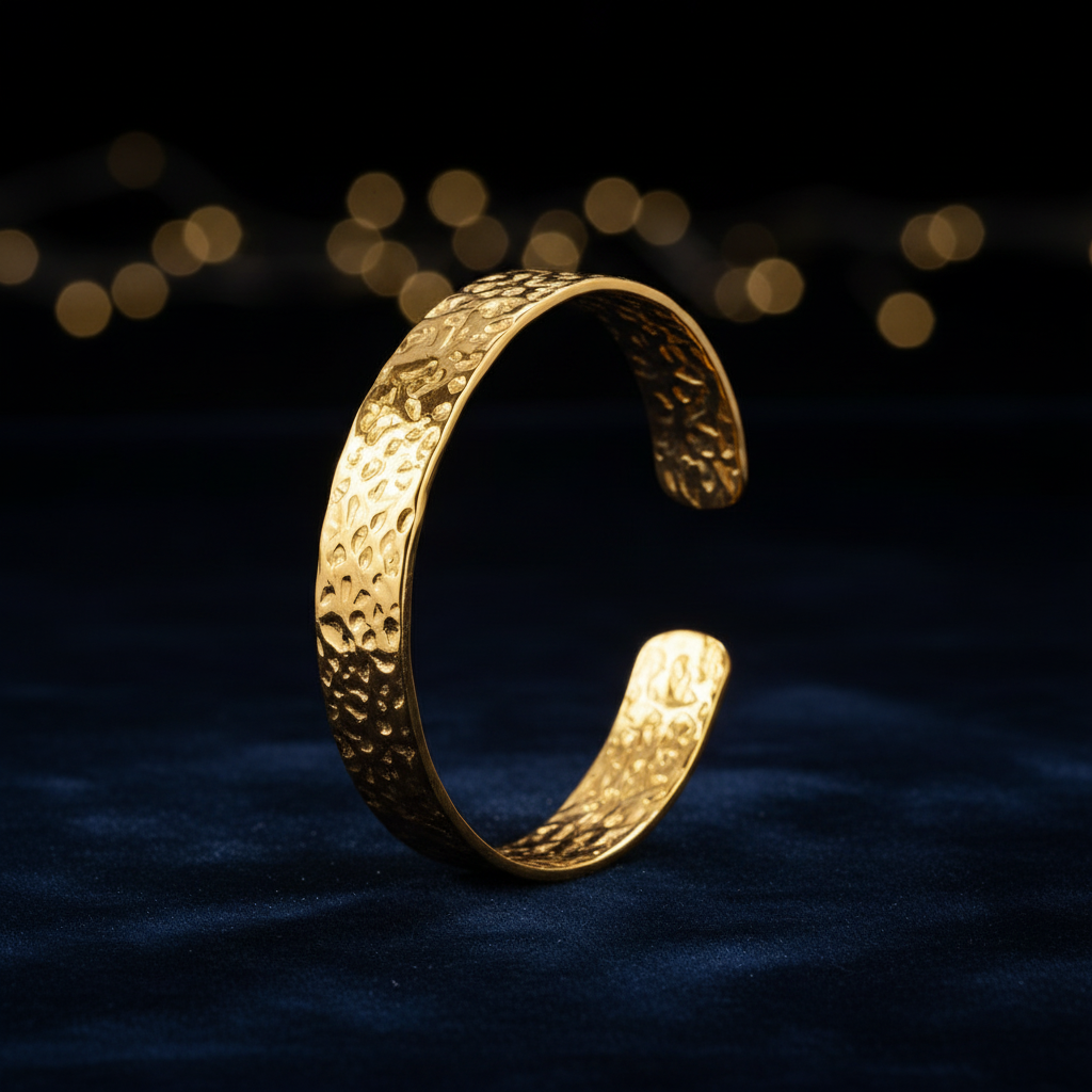 Hammered Texture Open Cuff Bangle 18K Gold Plated