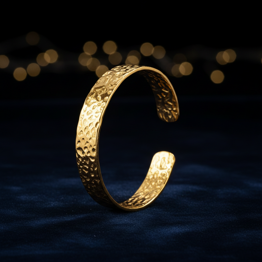 Hammered Texture Open Cuff Bangle 18K Gold Plated