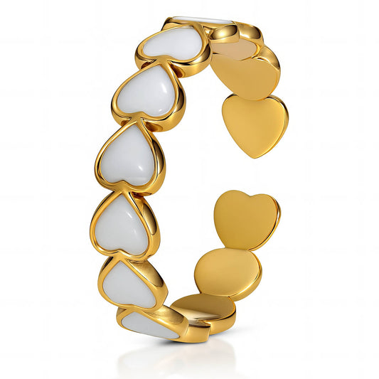 White Enamel Heart Eternity Open Cuff Ring | 18K Gold Plated | Adjustable