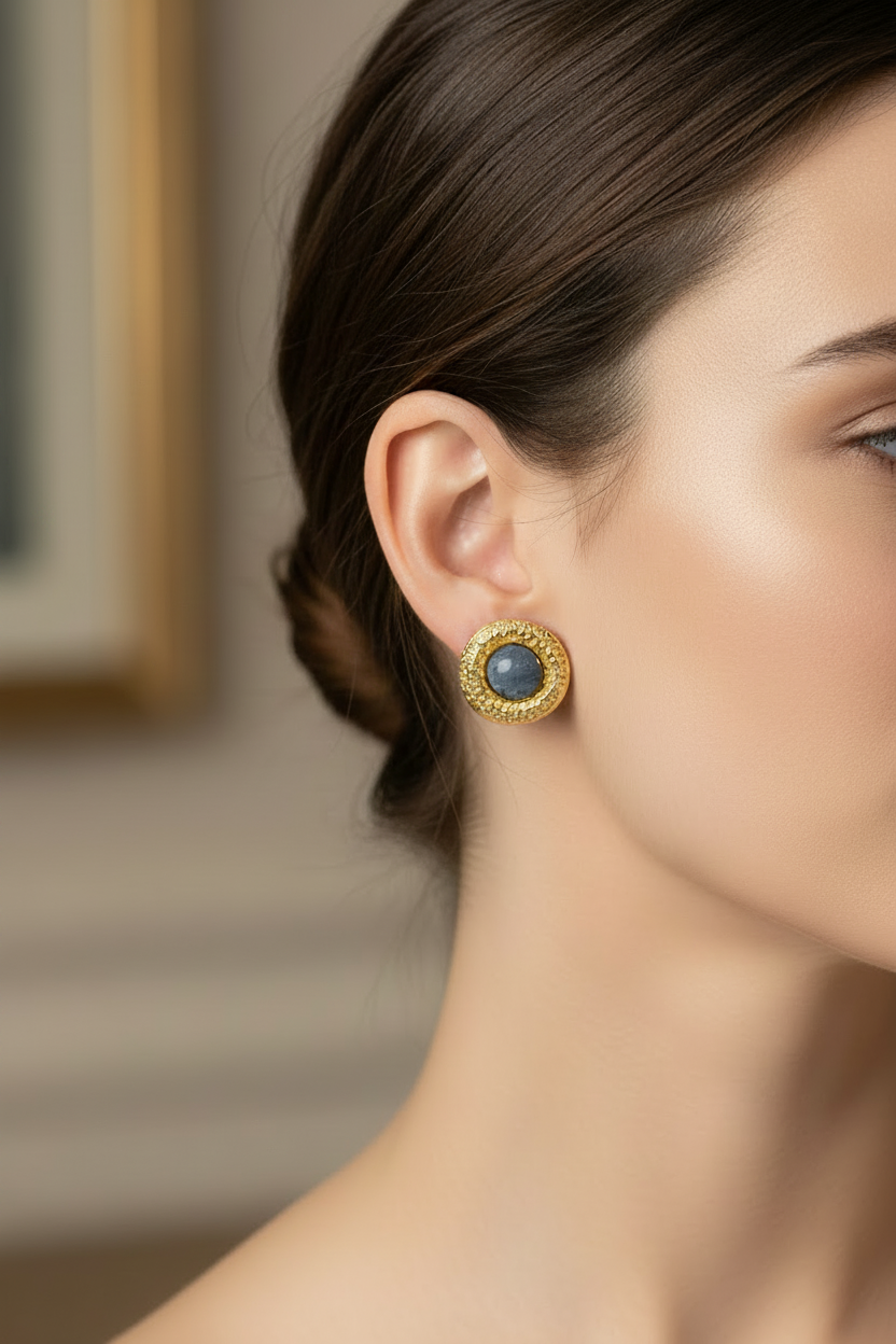 Close-up of a woman wearing gold earrings with a dark stone.