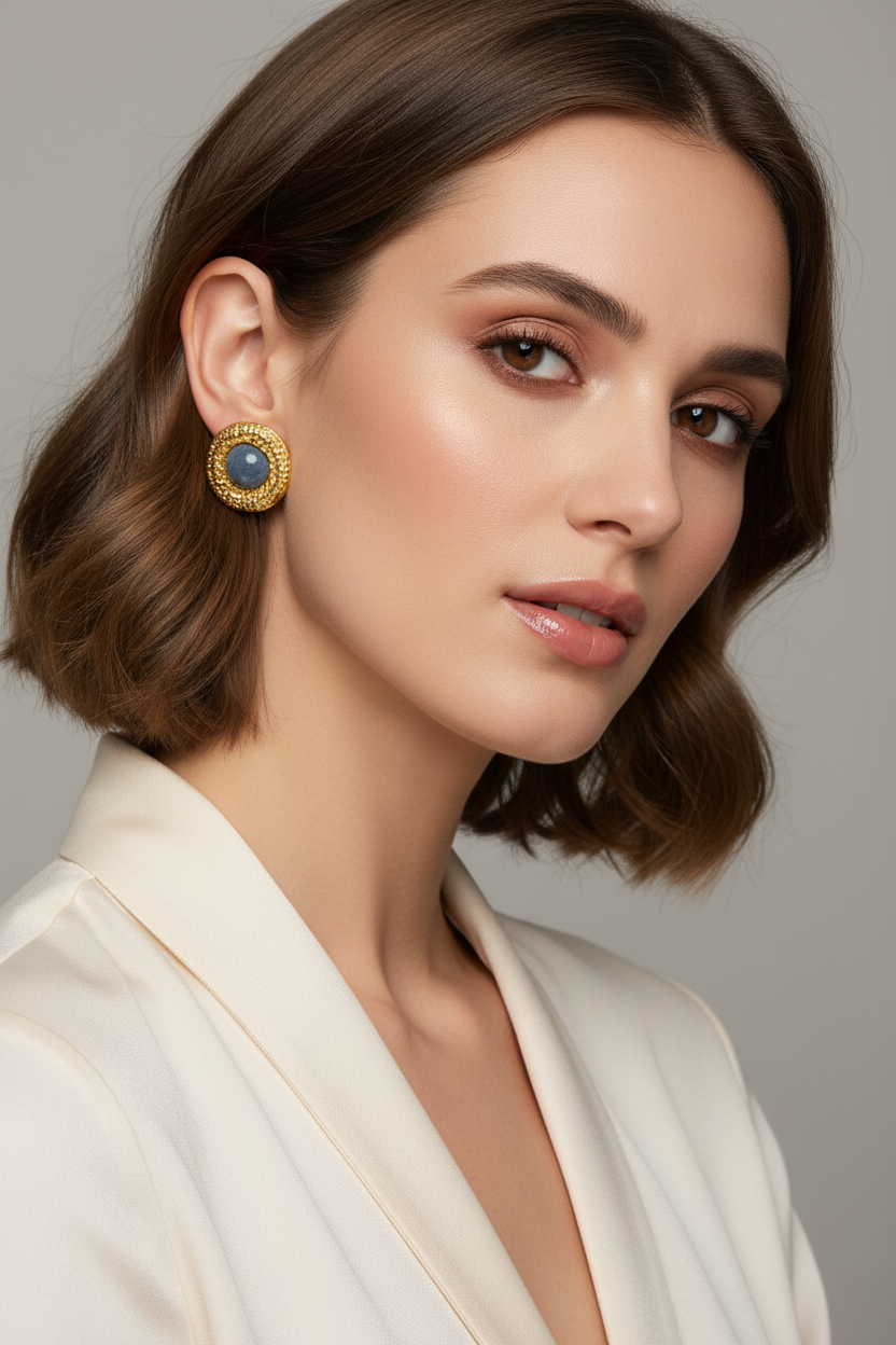 Woman wearing a gold earring with a blue gemstone against a neutral background