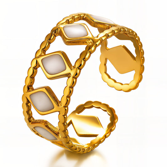 White Enamel Quilted Diamond Open Cuff Ring | 18K Gold Plated | Adjustable