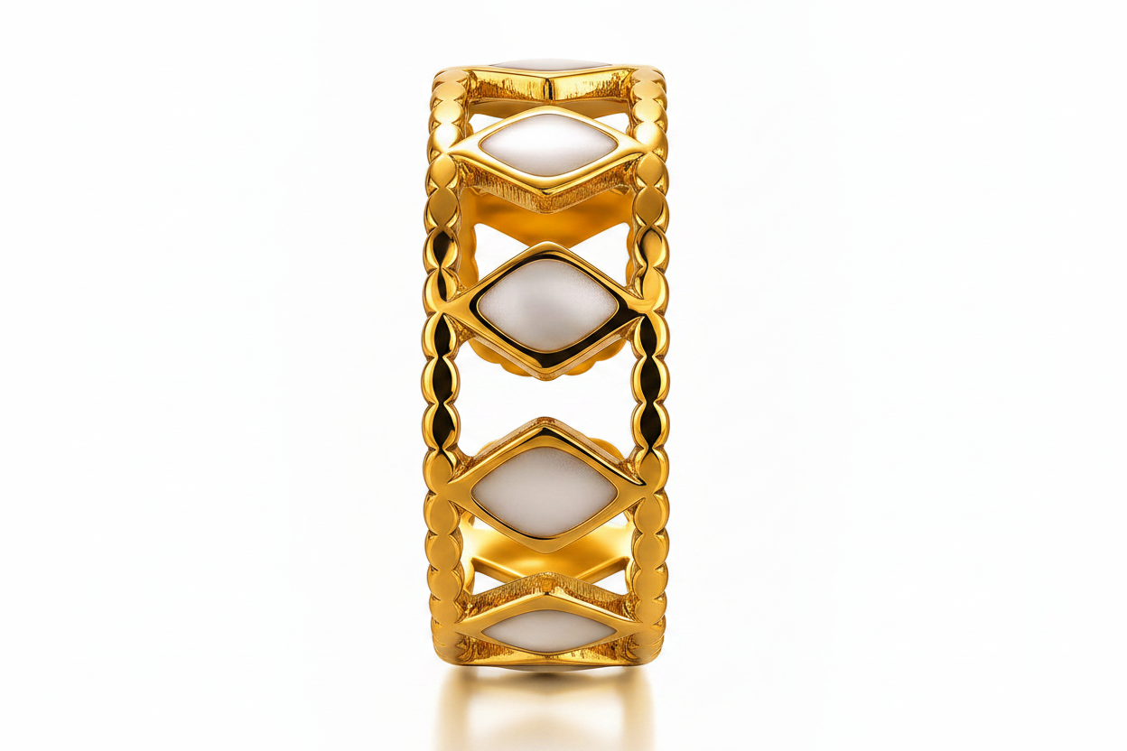 White Enamel Quilted Diamond Open Cuff Ring | 18K Gold Plated | Adjustable