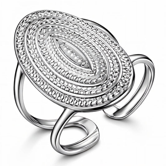Silver ring with stainless steel intricate design on a white background