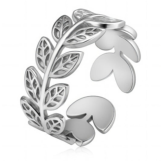 Silver leaf-shaped ring on a white background